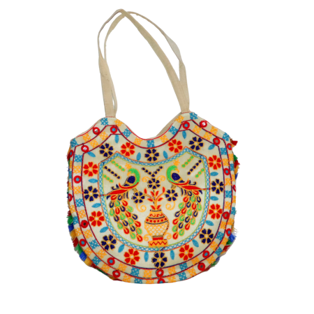 Handmade Jaipuri Embroidered Cotton Handbag – Multicolor Ethnic Tote with Peacock Design